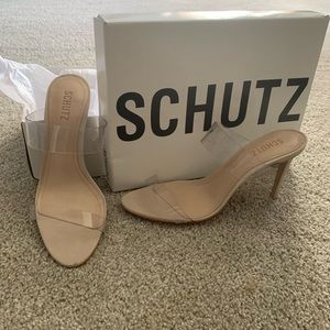 Schutz nude heel with lucite bands over foot